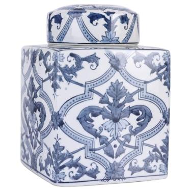 Imagem de Big Chinoiserie Pote de gengibre com tampa — Jarra decorativa de porcelana azul e branca feita à mão, quadrado grande em vaso de cerâmica e pote de armazenamento para decoração de casa (modelo A)