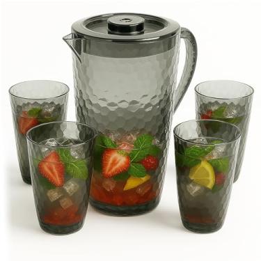 Imagem de Conjunto de jarra de água de plástico de 2,4 litros com tampa e 4 copos, livre de BPA, conjunto inquebrável de 2,4 L, lavável na lava-louças, ideal para chá gelado, sangria, limonada, suco, leite