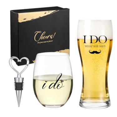 Imagem de AW BRIDAL Presentes de casamento para casais, conjunto de taças de vinho 2025, presente de noivado para recém-casados e mulheres, presentes de chá de panela para noiva e noivo, caneca de cerveja de