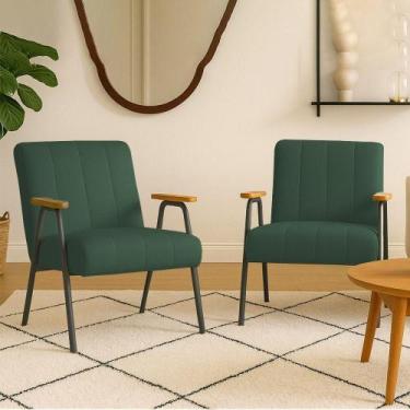 Imagem de Poltrona Sala Decorativa Industrial Preto Kit 2 Laurita Linho Verde K0