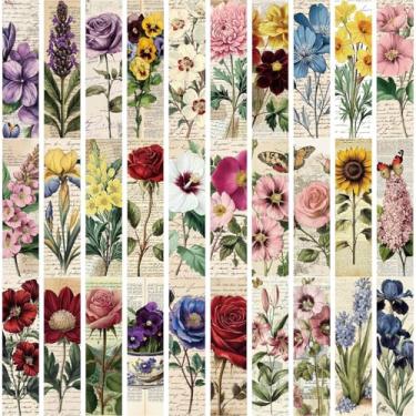 Imagem de Conjunto de marcadores de livro de flores naturais vintage, 30 peças, marcadores de livro botânicos florais estéticos com design retrô para amantes de leitura, estudantes, agendas, álbuns de recortes