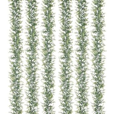 Imagem de HuiYngTong Pacote com 6 guirlandas artificiais de eucalipto, vinhas de eucalipto falsas de 1,7 m com folhas de dólar prateadas realistas, guirlanda de vegetação feita à mão para decoração de arco de