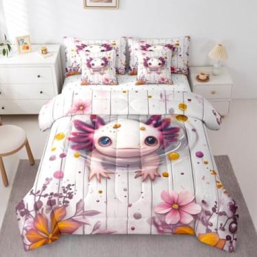 Imagem de Jogo de cama solteiro Axolotl, 7 peças, estampa de salamandra, animais selvagens, flores de animais selvagens, decoração de quarto de princesa rosa