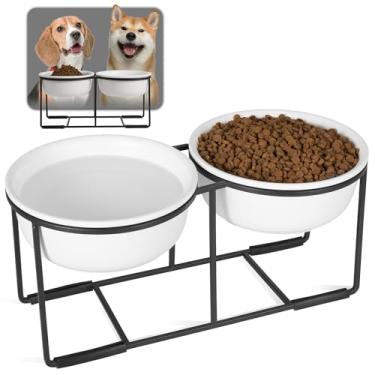 Imagem de Conjunto de tigelas elevadas de cerâmica para cães – Tigelas duplas para cães com suporte de metal antiderrapante – Conjunto de tigelas de comida e água para cães – Ideal para cães pequenos e médios –