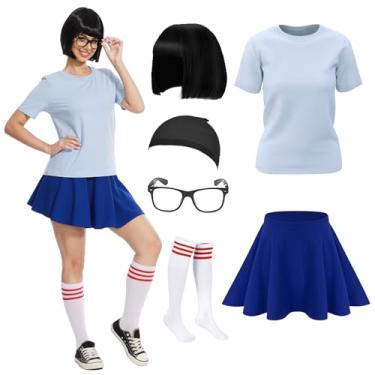 Imagem de QPAXUCR 6 peças, camisa e saias azuis para fantasia de Halloween para adultos, conjunto de peruca preta curta, óculos e meias listradas (médio)