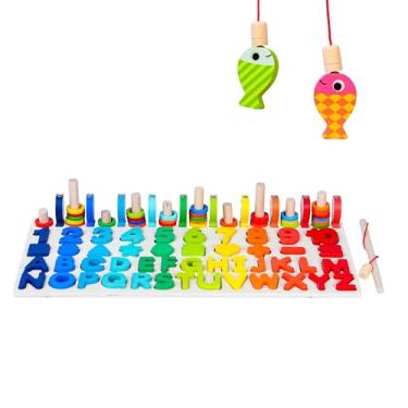 Imagem de Tabuleiro Educativo Montessori 5 em 1, Números, Letras e Formas Geométricas com Pescaria, Brinquedo Pedagógico em Madeira para Desenvolvimento Infantil