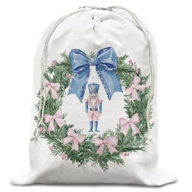 Imagem de WXHUM Quebra-nozes Sacos de Natal reutilizáveis com cordão, guirlanda de laço azul, sacos de Natal para presentes, mãe, avó, lembrancinhas de Natal para mulheres, mãe, saco de Papai Noel, tamanho