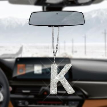 Imagem de HQRNYP Pingente de letra de carro brilhante, acessórios para pendurar espelho de carro, ornamento de espelho retrovisor, pingente de cristal fofo, enfeite feminino de strass de diamante da sorte para