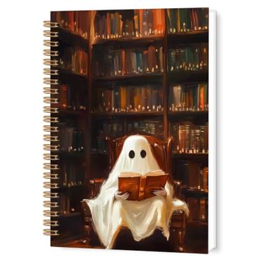 Imagem de TWRVI Caderno espiral de leitura fantasma de Halloween, livros para amantes de livros, presentes, caderno pautado para faculdade, material escolar, cadernos de diário de livros de Halloween, 14 x 21