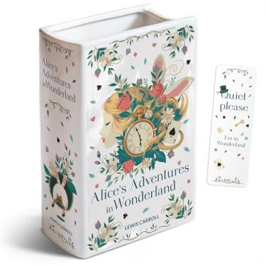 Imagem de H&H Alice's Adventures in Wonderland Vaso de livro para flores + marcador de página - Vaso grande de cerâmica para livros - Decoração de livros Alice no País das Maravilhas - Presentes para livros