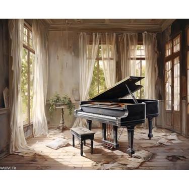 Imagem de WUIVCTR Kits de pintura para iniciantes, um piano vintage na sala de estar, pintura acrílica por números, kit de presente de pintura a óleo para homens e mulheres, 40 x 50 cm
