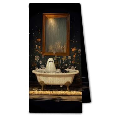 Imagem de ChissNook Halloween Ghost Black Cat Decor Toalhas de mão de banheiro, assustador vintage Dark Academia Whimsigoth Toalha de mão decorativa de Halloween para banheiro, banheiro, banheiro, 40 x 61 cm