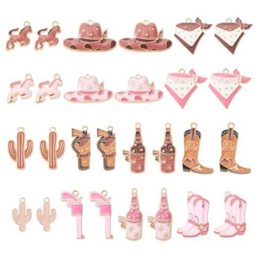 Imagem de Magibeads 28 peças de berloques esmaltados de vaqueira rosa chapéu de cowboy bota cacto pingentes ocidentais vintage bonito chaveiro kandi encantos para artesanato, pulseiras faça você mesmo, brincos