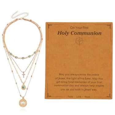 Imagem de Warmhope Colar de ouro multicamadas boho turquesa com pingente de cruz para mulheres, joias modernas, presentes para festa de celebração, uso diário, Universal size, Latão, Sem Pedra Preciosa