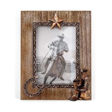 Imagem de Moldura de madeira com decoração de bota de ferradura de estrela de caubói ocidental - Moldura rústica de fazenda para fotos de 20 x 25 cm, decoração de casa estilo velho oeste vintage, suporte de