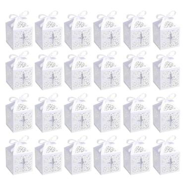 Imagem de Shakven Caixas de doces com fitas, caixa de doces de casamento branca oca, 24 peças caixas decorativas resistentes caixa de doces de fino, Caixas de presente com design a céu aberto requintado, caixas