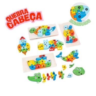Imagem de Quebra Cabeça 3D em Madeira Numerado e Colorido Brinquedo Educativo Mo