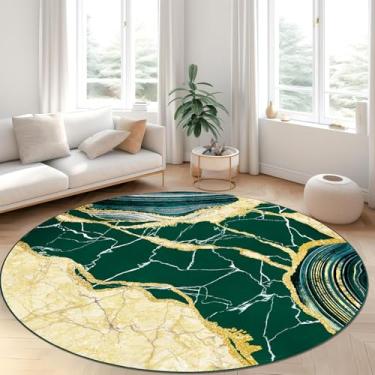 Imagem de ASPMIZ Tapete redondo de mármore 1,2 m, tapetes laváveis verdes e dourados para sala de estar, tapetes circulares de lã sintética antiderrapante, tapete macio moderno de baixo perfil para sala de
