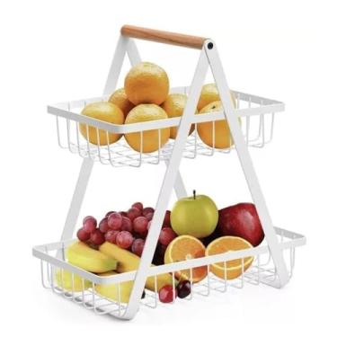 Imagem de Mini Fruteira de Mesa 2 Andares em Metal com Alça de Bambu – Organizador para Cozinha e Sala (BRANCO)