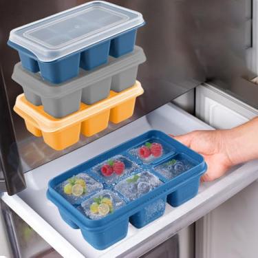 Imagem de Conjunto de moldes de cubo de gelo de silicone – pacote com 3 unidades de liberação fácil de BPA com tampas à prova de vazamento e design empilhável para uísque e coquetéis (azul, cinza, amarelo)