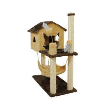 Imagem de Arranhador Para Gatos Casa E Playground Torre Com Rede E Brinquedos - Miupet(BEGE)