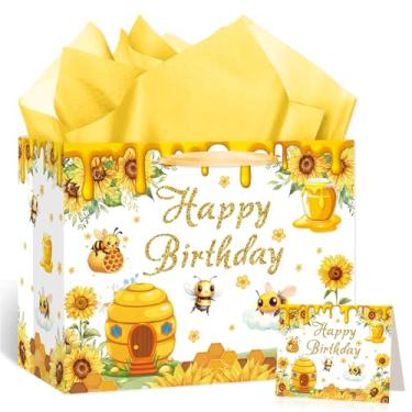 Imagem de Wauprant Bolsa grande de presente de aniversário para chá de bebê de abelha para meninas, meninos, abelhas, mel, presente de feliz aniversário, com papel de embrulho e cartão para chá de bebê