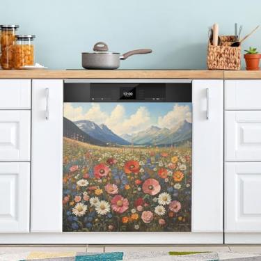 Imagem de ATTX Pintura a óleo vintage flores silvestres capa ímã máquina de lavar louça, 58 cm C x 66 cm A decoração da capa frontal da máquina de lavar louça, decalques de armário doméstico eletrodomésticos