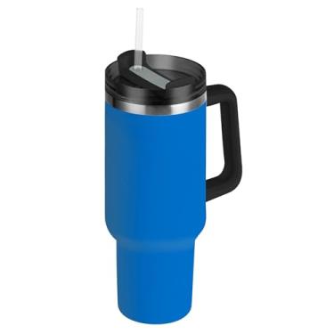Imagem de SEHANY Copo azul brilhante de 850 g com tampa e canudo, aço inoxidável de vácuo duplo isolado garrafa de água esportiva suporte para copo de café de viagem à prova de vazamento para bebida gelada