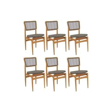 Imagem de Cadeira Sala De Jantar Stela 1cmm013ca Premium Madeira Maciça Kit 6 Un Carvalho-linho Escuro-tela Grafite - Kappesberg