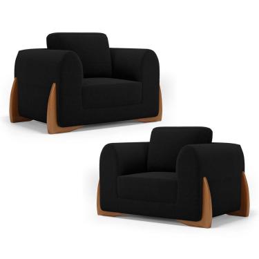 Imagem de Kit 02 Poltronas Decorativas Living Bloom Com Pés De Madeira Bouclê Preto - Desk Design