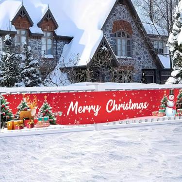 Imagem de HOMETITUTE Faixa de Feliz Natal 395 x 50 cm Rena Vermelha Boneco de Neve Pano de Fundo de Árvore Decorações de Natal para Quintal Cerca Varanda Parede Festa Celebração Banner Pendurado Cenário de