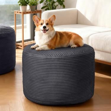 Imagem de AMCATON Pufe redondo de veludo cotelê otomano para sofá de sala de estar – banqueta de pelúcia macia preenchida com espuma desfiada, apoio confortável para os pés
