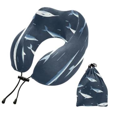 Imagem de CEBUGI Travesseiros de viagem portáteis em forma de U, travesseiro de pescoço de espuma viscoelástica com trava de corda ajustável para avião, viagem, trem, negócios, escritório, soneca (peixe)