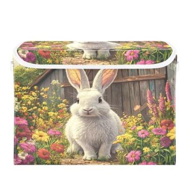 Imagem de CEBUGI Caixas de armazenamento com tampas, caixa de armazenamento de tecido dobrável, caixas organizadoras de cubo de coelho branco para prateleiras de quarto de armário de casa 40 x 30 x 30 cm