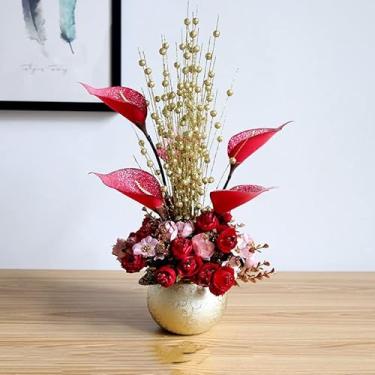 Imagem de LMJYU Conjunto de flores artificiais retrô europeias com orquídea artificial de seda falsa com vaso de cerâmica dourada para decoração de escritório em casa