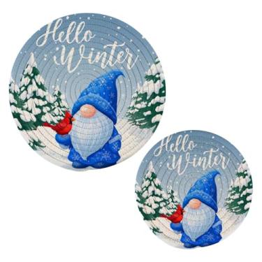 Imagem de Wassud Conjunto de trivet de gnomo e pássaro vermelho para pratos quentes, suportes de panela redondos, almofadas quentes de algodão, porta-copos elegantes, decoração de cozinha e acessórios, 2 peças