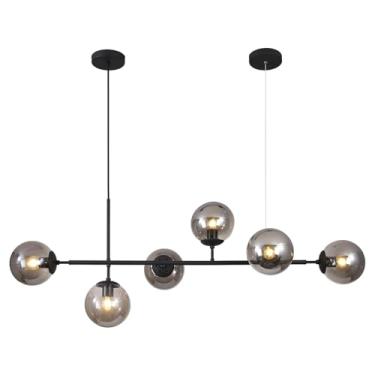 Imagem de Lustre retangular Sputnik de estilo moderno de meados do século com 6 lâmpadas, na cor preta, ideal para ilha de cozinha. Luminária pendente com globo de vidro para sala de jantar e sala de