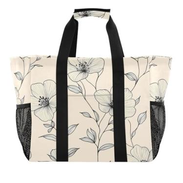 Imagem de Wassud Sacolas de mercearia reutilizáveis com listras florais sutis grande bolsa organizadora de lona impermeável para praia, piquenique, lavanderia, viagem