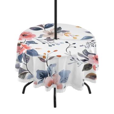 Imagem de CEBUGI Toalha de mesa redonda para uso ao ar livre, floral, impermeável, com furo Umberlla, capa de mesa lavável para pátio, cozinha, sala de jantar, 152 cm