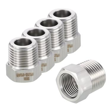Imagem de Rebower Pacote com 5 adaptadores macho para FeMale de aço inoxidável 304, 1/5.1 cm macho NPT x 3/20.3 cm FeMale NPT redutor de bucha hexagonal para industrial, fluido, jardinagem doméstica, tratamento
