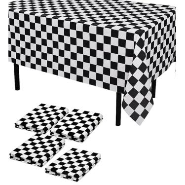 Imagem de Shimmer Anna Shine Toalha de mesa xadrez preta e branca, 137 x 272 cm, pacote com 4 capas de mesa de plástico descartáveis para festas de aniversário, chás de bebê, decorações temáticas de carros de