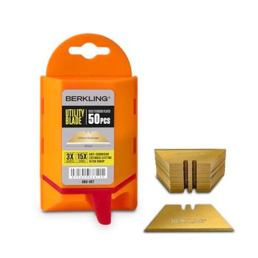 Imagem de Berkling Utility Knife Blades Titanium Entirely Plated 50-Pack With Dispenser, SK2H Laser Sharpened Hardened, Ultra 3X Sharper and 15X More Durable, Standard T-Shape for Most of Cutters & Knives