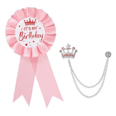 Imagem de PATIKIL Broche de aniversário MY Birthday com fita de cetim e broche de corrente pendurada na coroa para decoração de festa de aniversário, One Size, Liga de aço, Sem Pedra Preciosa