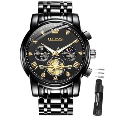 Imagem de OLEVS Relógios masculinos de luxo de aço inoxidável, relógio social fácil de ler, mostrador grande, cronógrafo, casual, analógico, números romanos, reloj para hombre, Faixa preta face preta - 2856