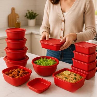 Imagem de Kit 15 Potes para Alimentos – Herméticos com Tampa | retangulares + bowl, conjunto cozinha, vedação segura, porta-mantimentos, compatível com freezer, geladeira e lava-louças (Vermelho)