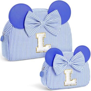 Imagem de QLOVEA Presentes de Natal para netos, bolsa de cosméticos inicial, bolsa de maquiagem de viagem, presentes de aniversário personalizados para crianças, Azul, G