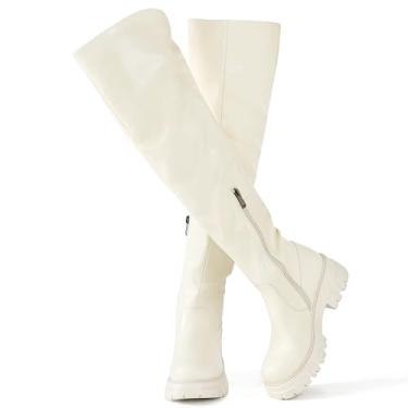 Imagem de Pixoecuty Botas femininas pretas na altura da coxa, plataforma, despojadas, acima do joelho, sola saliente, salto grosso, adequado para curvas, Bege, 35