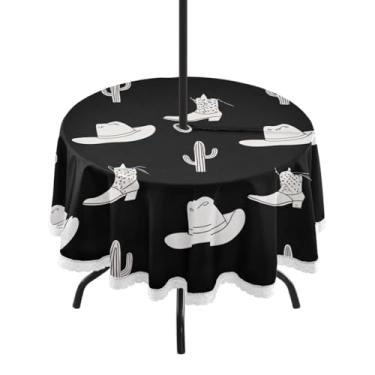 Imagem de Qilmy Toalha de mesa redonda impermeável padrão Cowboys de 152 cm com orifício para guarda-chuva e zíper – uso externo / interno resistente para pátio, churrascos, piqueniques, festas (serve para