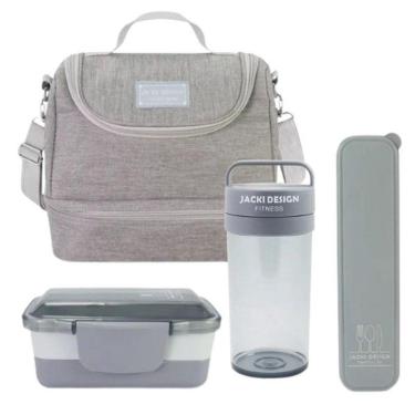 Imagem de Kit Bolsa Térmica Pote Marmita 950ml Garrafa 550ml E Porta Talheres Joy Cinza