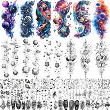 Imagem de 70 folhas de aquarela, planetas, galáxia, tatuagens temporárias para mulheres, homens, crianças, meninos, meninas, sistema solar, universo, estrela, 3D, impermeável, tatuagens de manga de meio braço